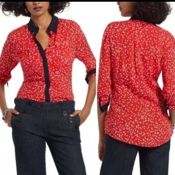 Anthropologie Maeve sz 6 Button Down Polka Dot Blouse Shirt Navy Red Long Sleev - Picture 2 of 14